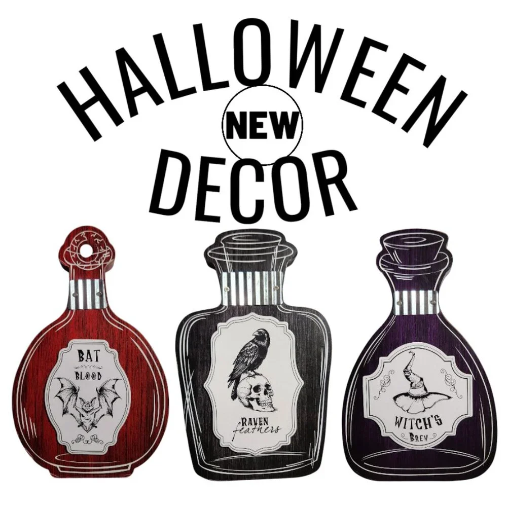 New Set of 3 Halloween Decor Wooden Potions Wood Decorations Bat Blood Witch's B